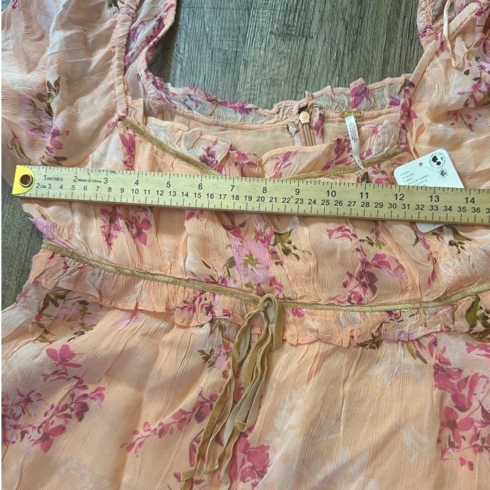 Free People Floral Peasant Puff Sleeve Mini Dress Peach Combo NWT Size M - Picture 8 of 10